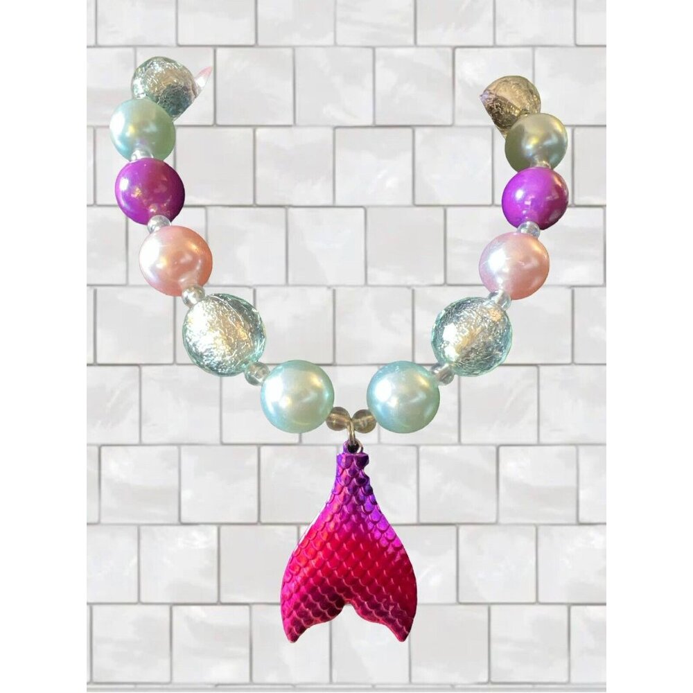 Stretchy Shiny Pastel Colored Beaded MERMAID Necklace with PINK Tail Pendant